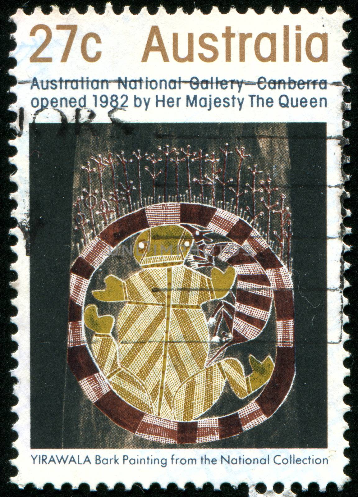 AUSTRALIA - CIRCA 1982: stamp printed by Australia, shows Gurgurr (Moon Spirit), Bark Painting by Yirawala Gunwinggu Tribe, circa 1982