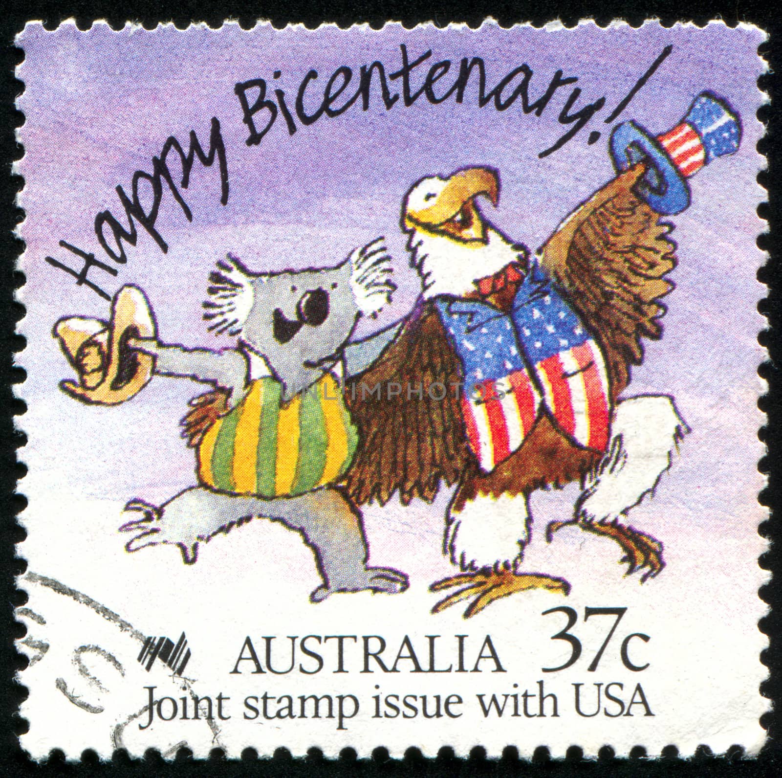 AUSTRALIA - CIRCA 1988: stamp printed by Australia, shows Caricature of Australian Koala and American Bald Eagle, circa 1988