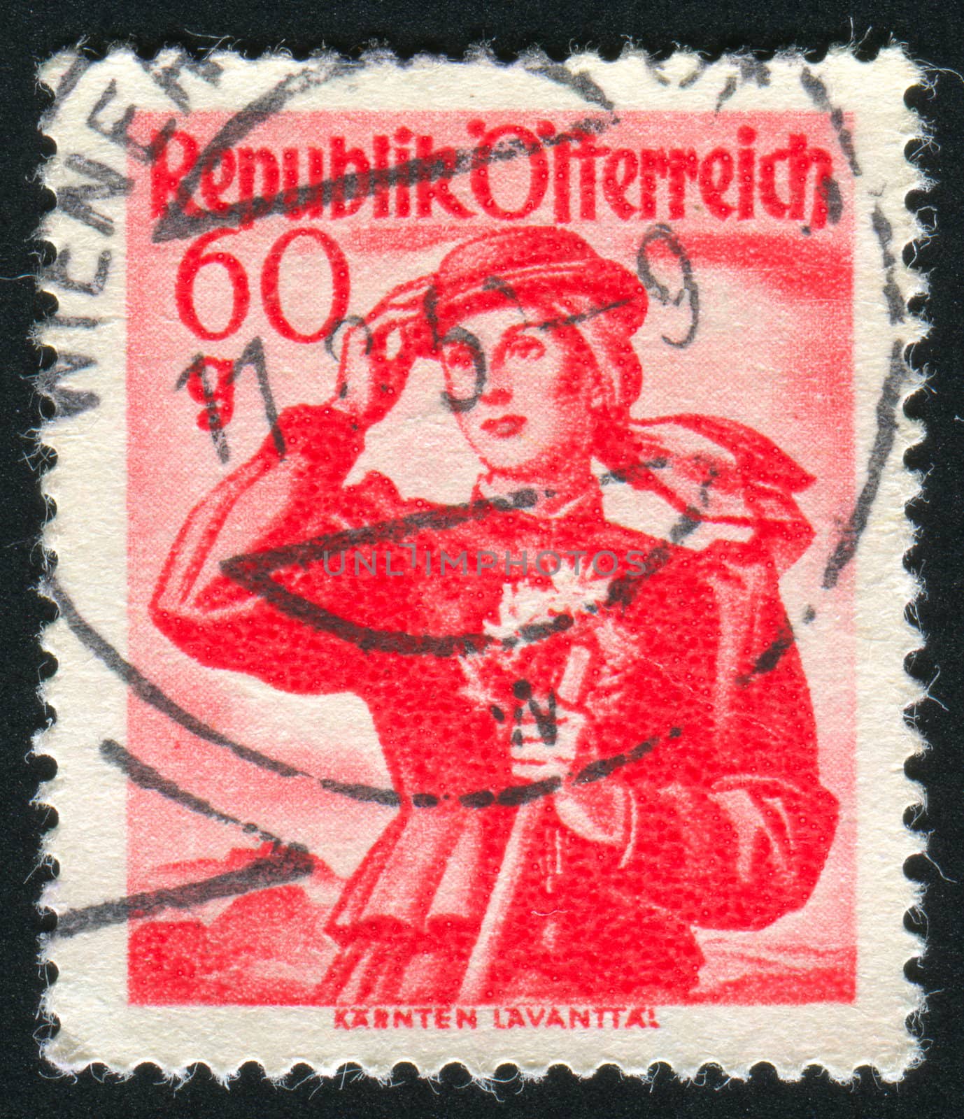AUSTRIA - CIRCA 1948: stamp printed by Austria, shows Austrian Costumes, Carinthia, Lavant Valley, circa 1948