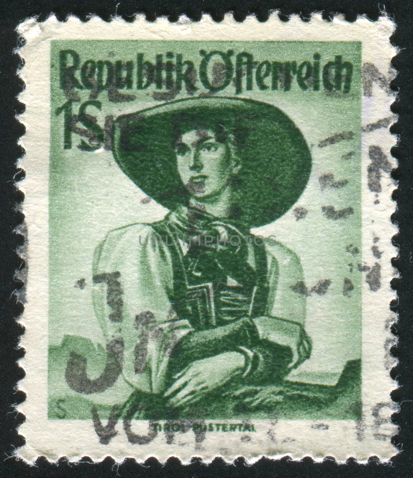 AUSTRIA - CIRCA 1948: stamp printed by Austria, shows Austrian Costumes, Tyrol, Puster Valley, circa 1948