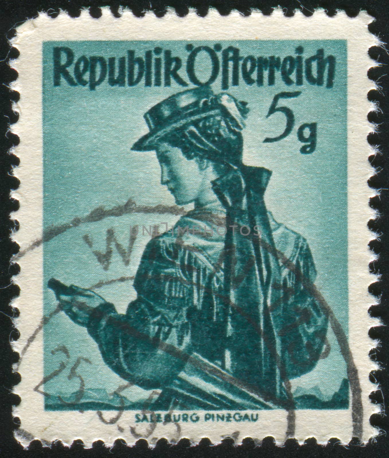 AUSTRIA - CIRCA 1948: stamp printed by Austria, shows Austrian Costumes, Salzburg, Pinzgau, circa 1948