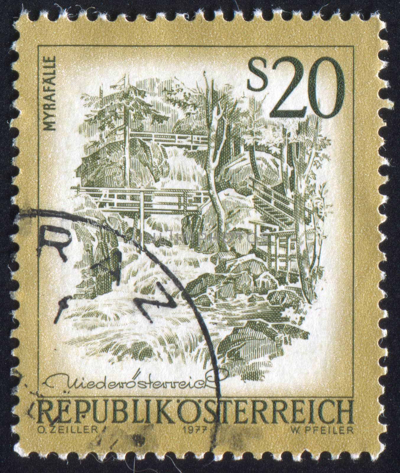 AUSTRIA - CIRCA 1977: stamp printed by Austria, shows Myra waterfalls, circa 1977