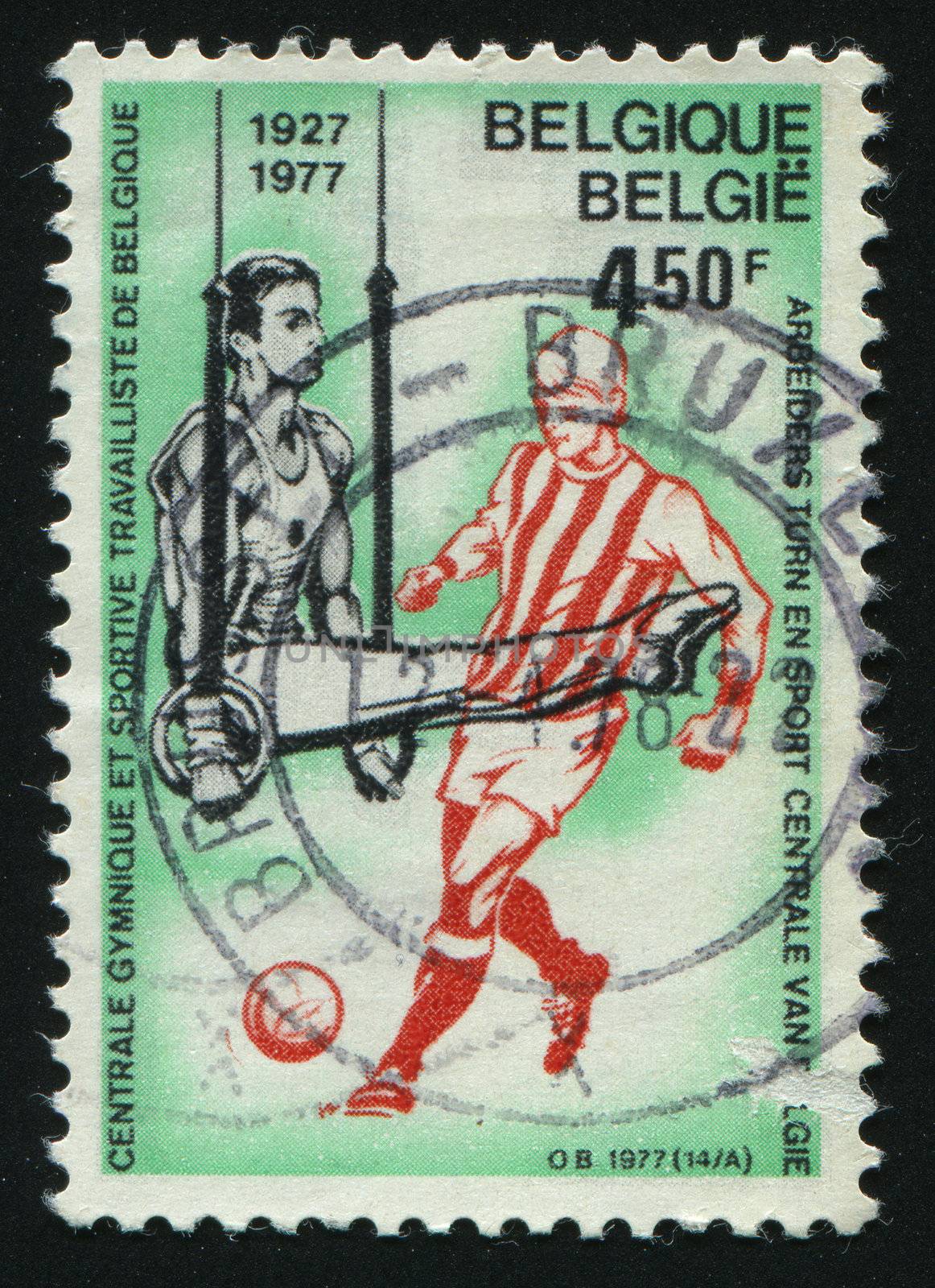 BELGIUM - CIRCA 1977: stamp printed by Belgium, shows soccer players and ball, circa 1977.