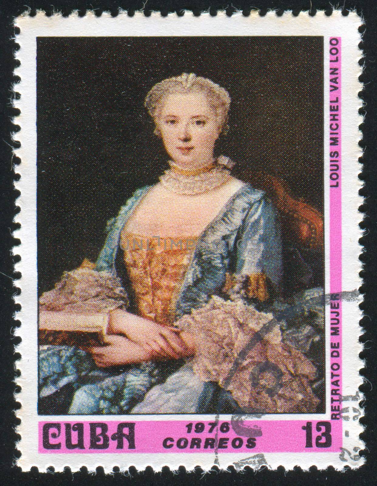 CUBA - CIRCA 1976: stamp printed by Cuba, shows Portrait of a Woman, by Louis Michel Van Loo, circa 1976