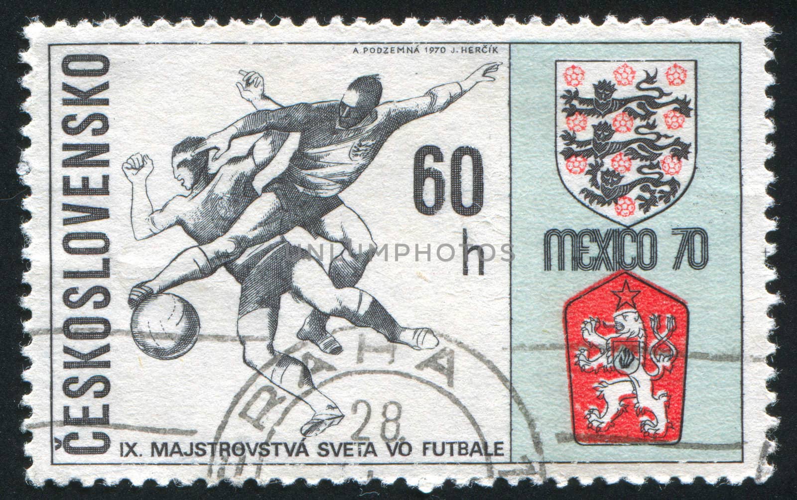 CZECHOSLOVAKIA - CIRCA 1970: stamp printed by Czechoslovakia, shows England Czechoslovakia match and coats of arms, circa 1970