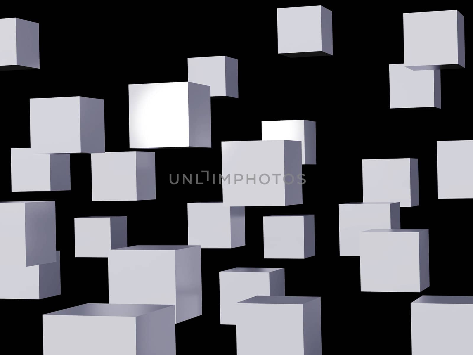 Falling cubes of white colour. High resolution image. 3d illustration over  black backgrounds.