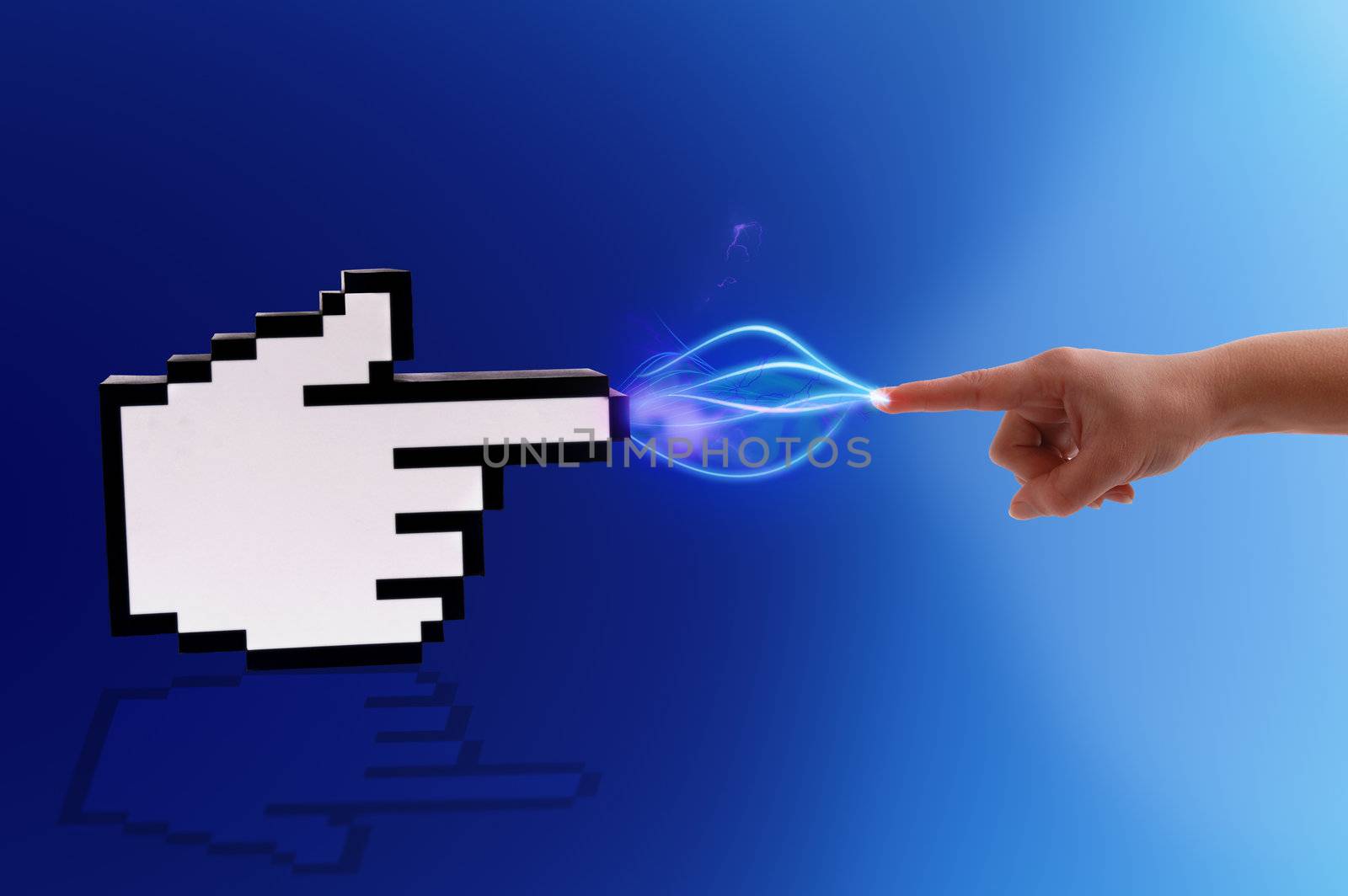 Icon computer cursor and human hand in electrical comunication on gradient blue background.