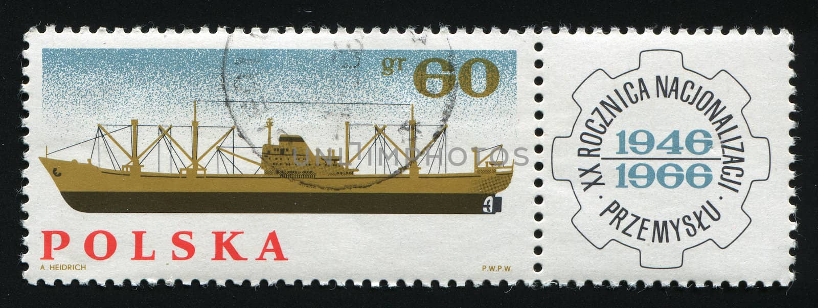POLAND -CIRCA 1966: Supervising Technical Organization emblem. Cargo Ship, circa 1966.