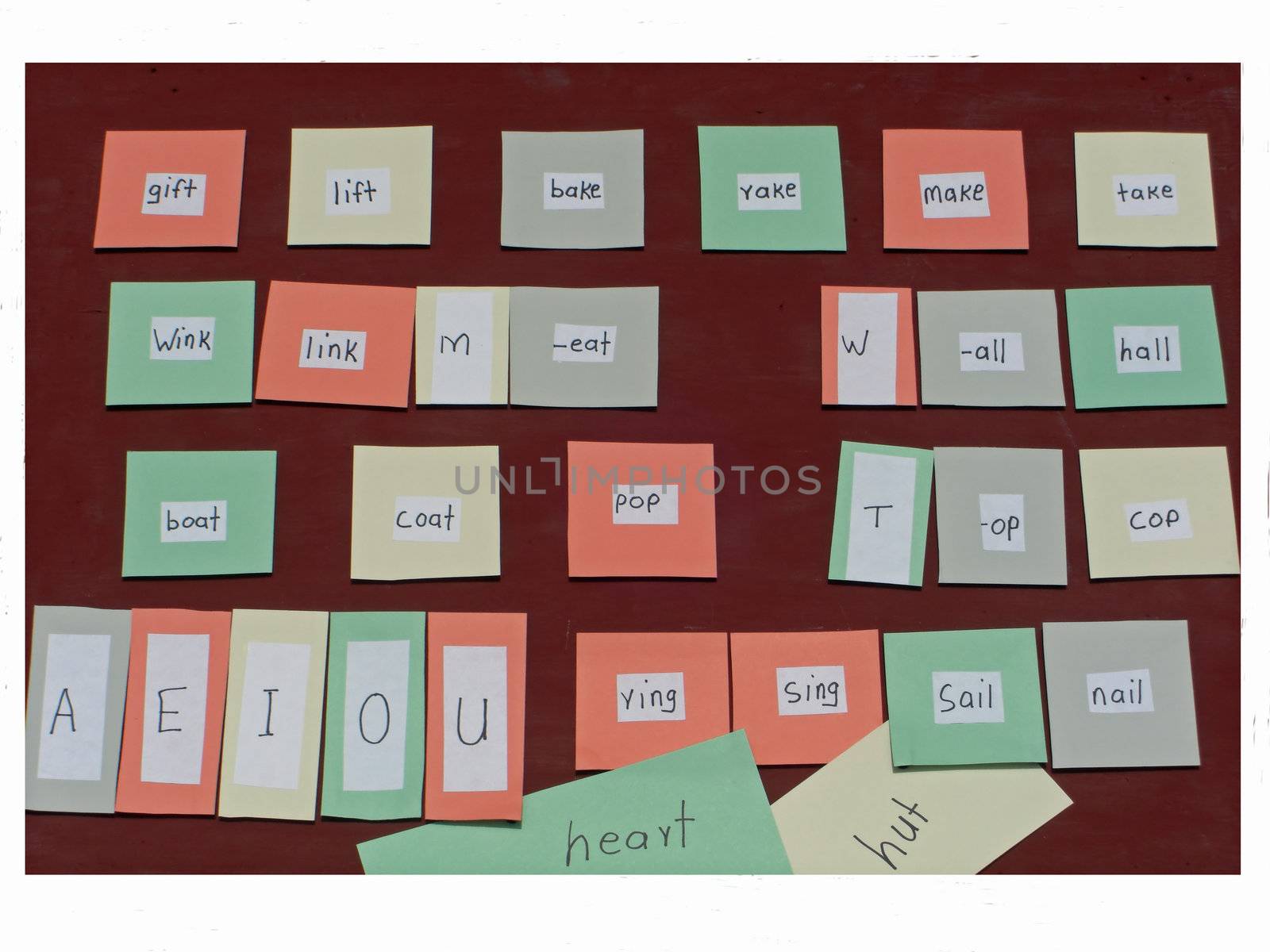 A chart of cards with rhyming words and spelling patterns that can help children build their vocabulary and are a great idea for the classroom or practicing at home