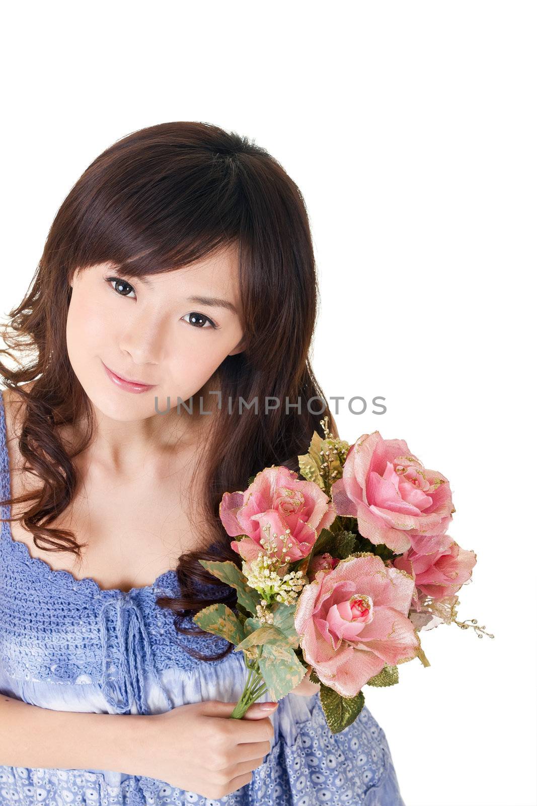 Asian woman holding roses, closeup portrait on white background.