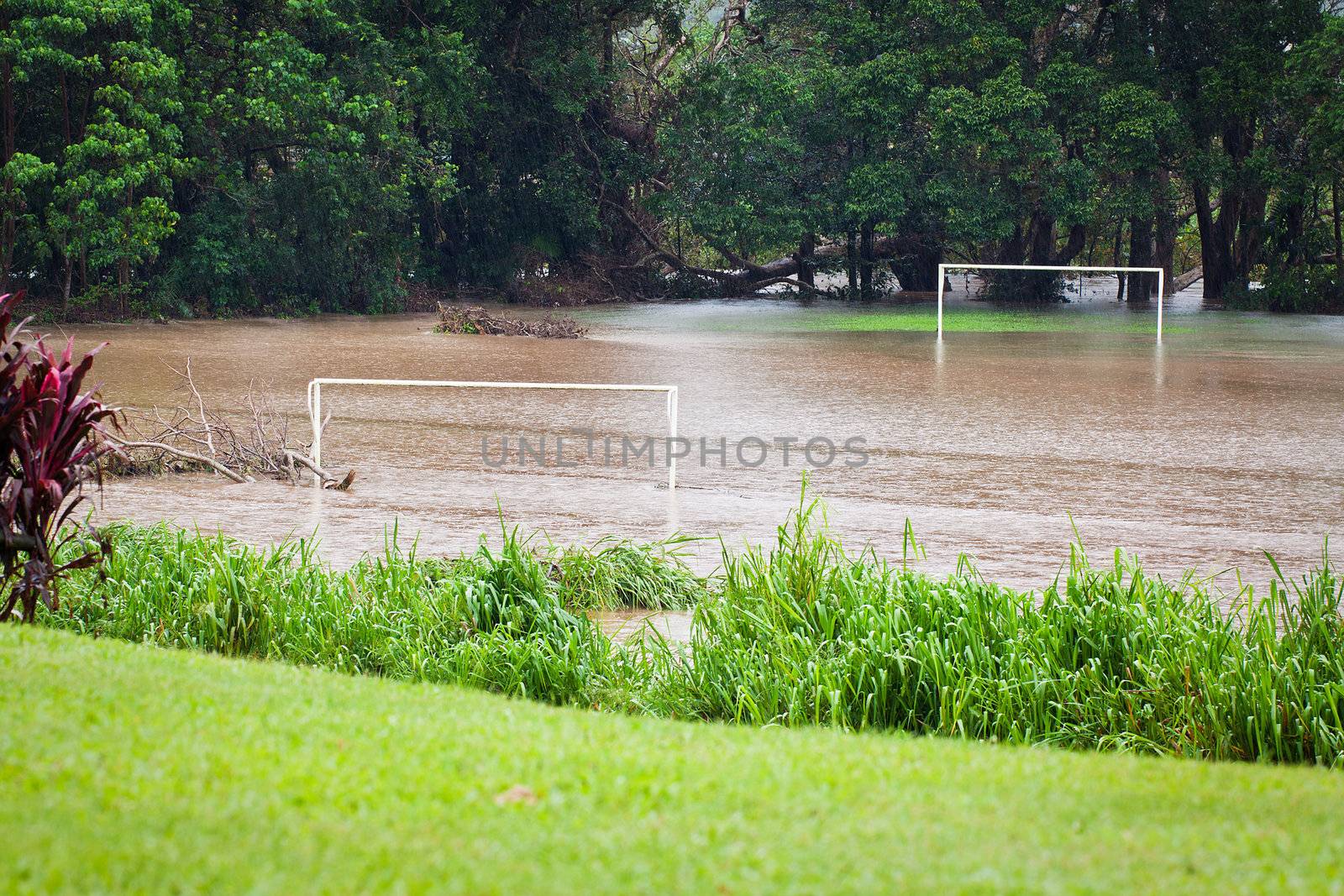 A flooded soccer field after heavy rain in Queensland, Australia