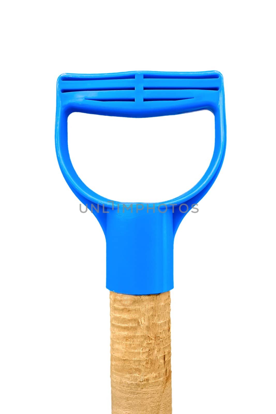 Fragment of handgrip of garden instrument with plastic handle isolated on white background