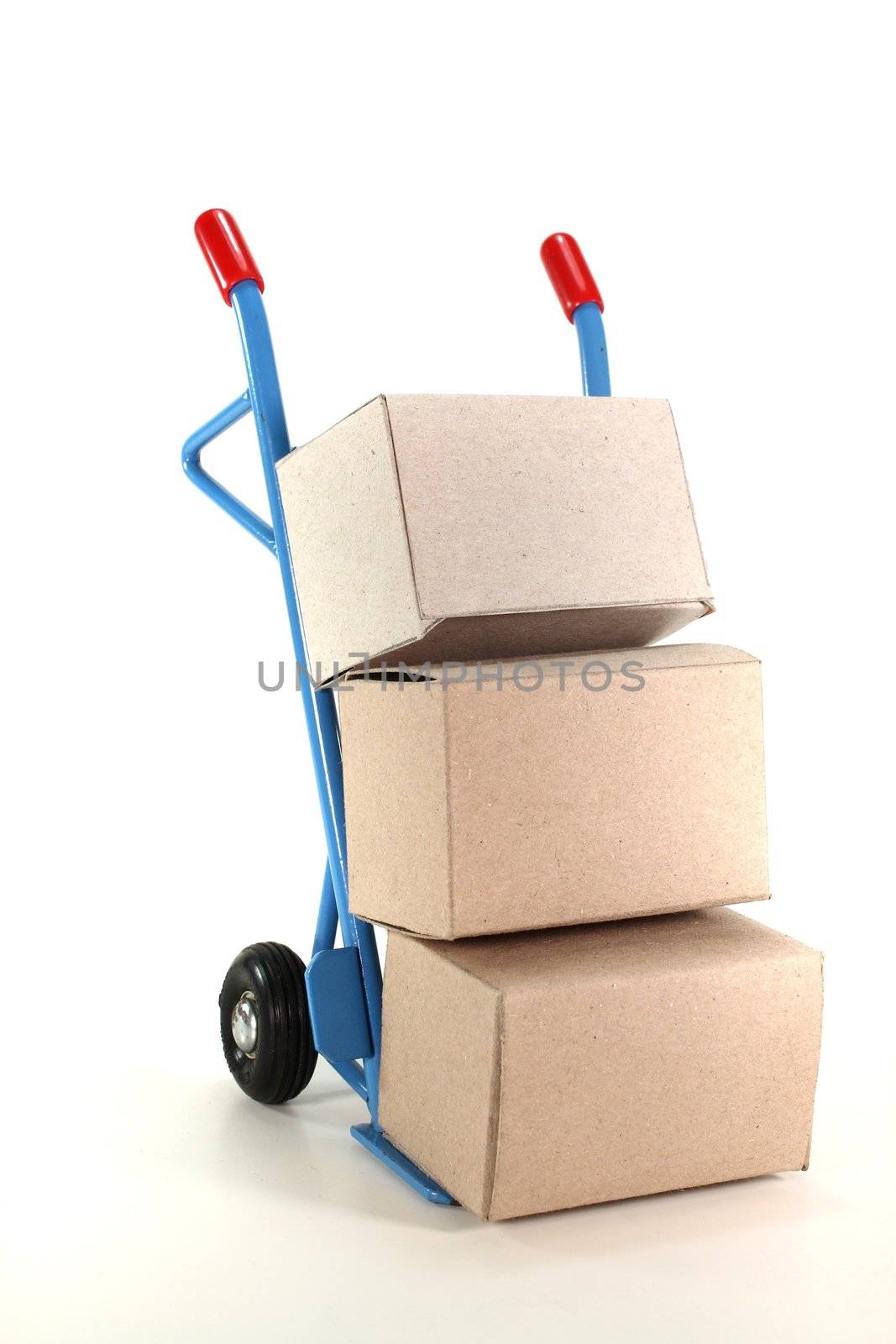 sack truck with various packages on a white background