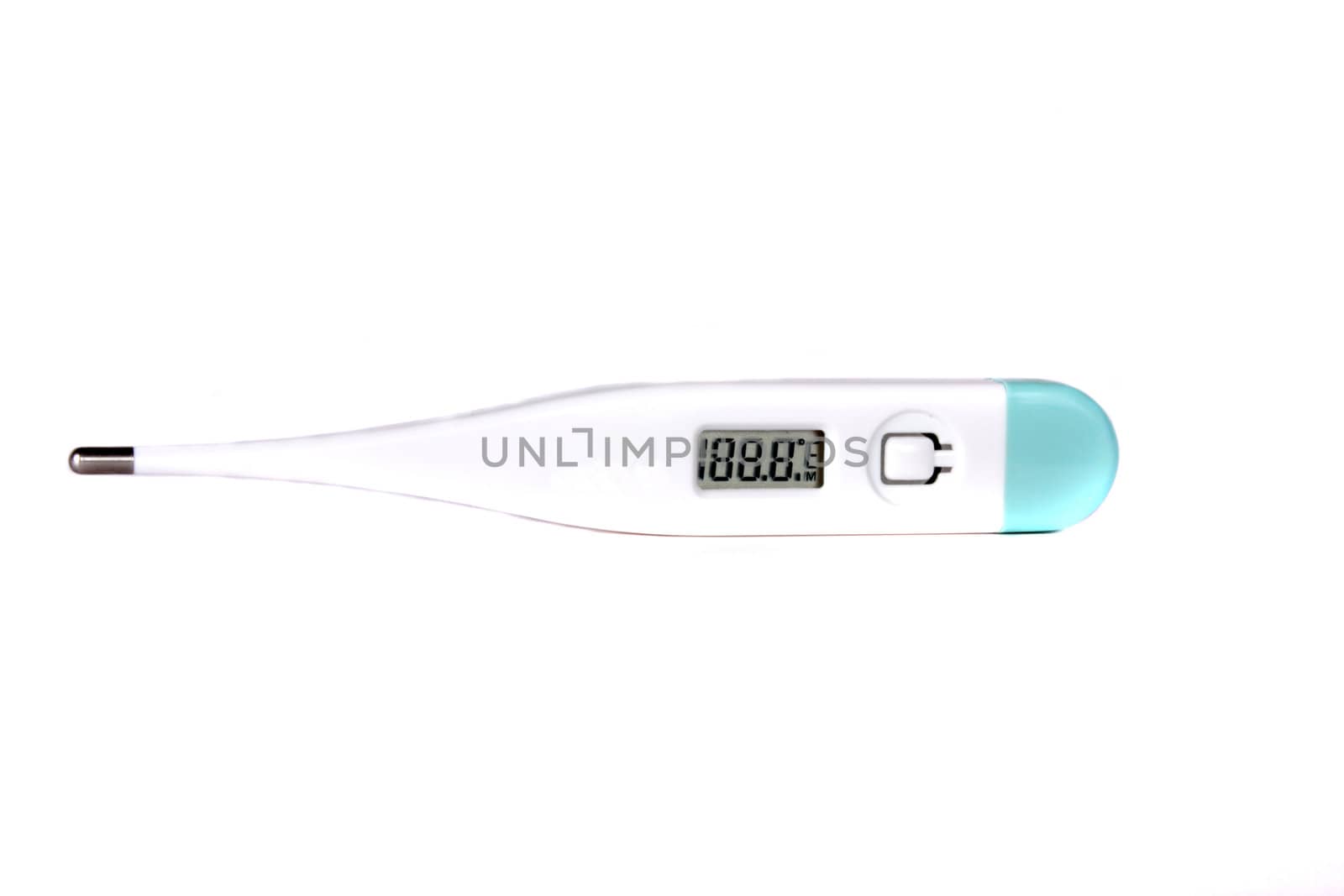 A digital thermometer for reading body temperature, on white background.