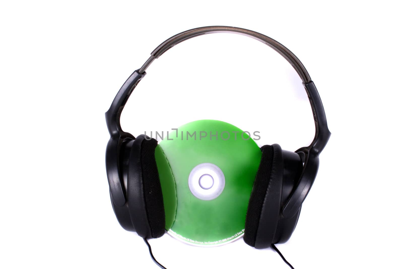 A metaphorical image for GO GREEN MUSIC, of a green CD wearing headphones.