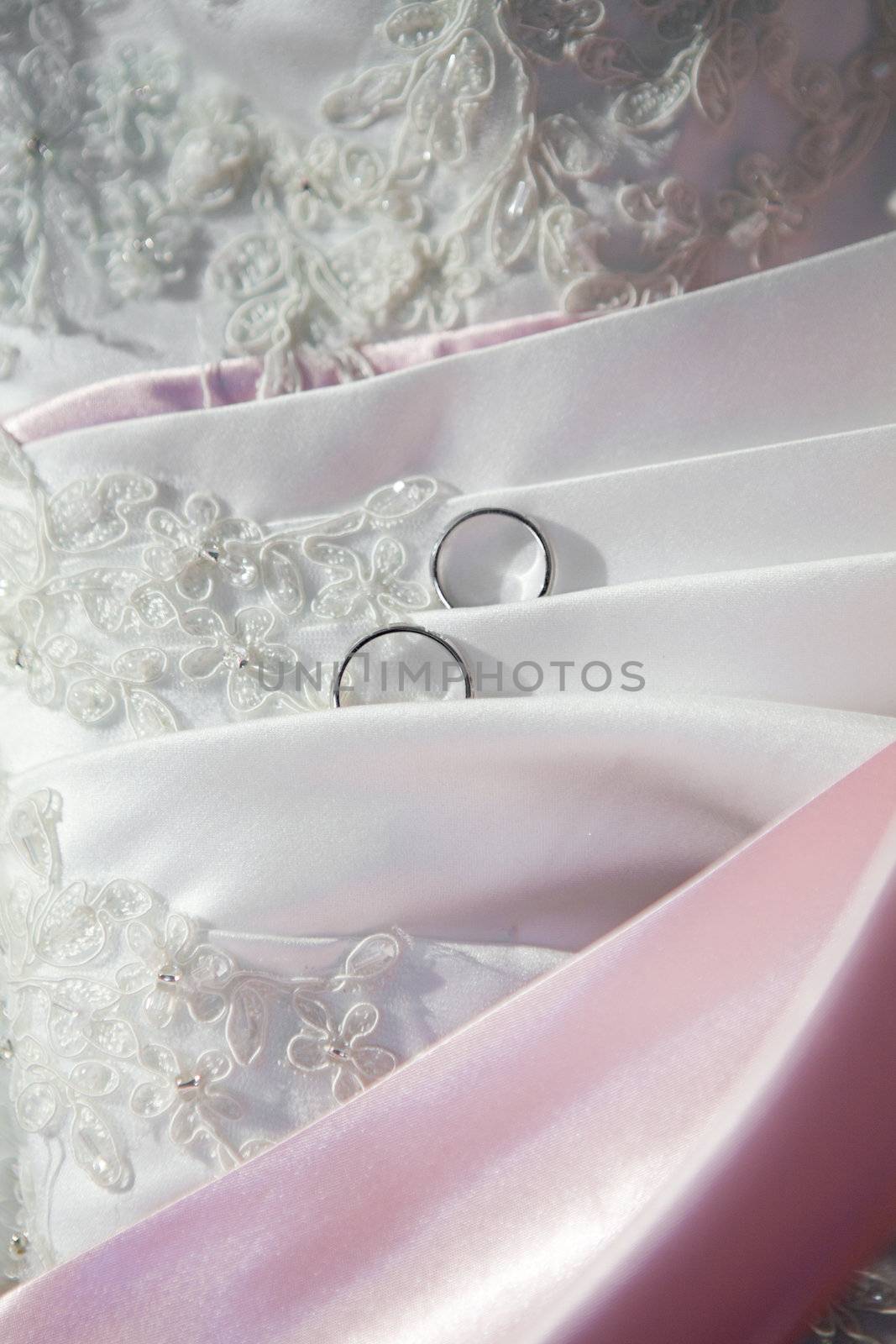 part of a wedding dress with wedding rings