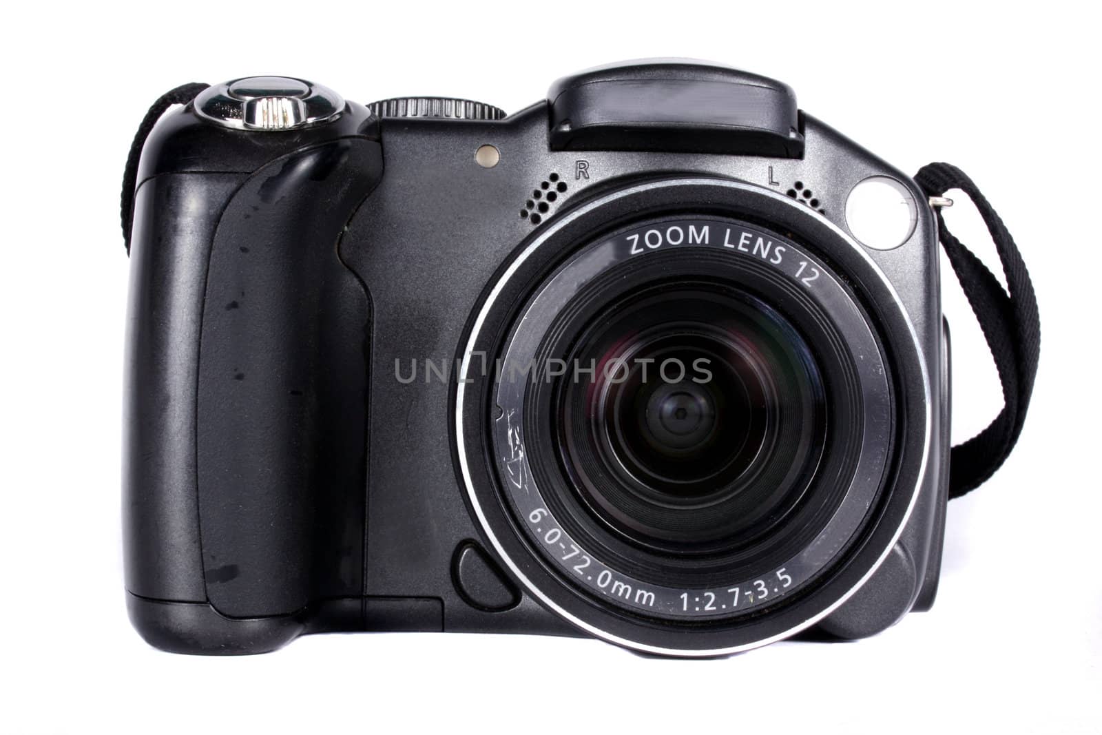 A digital camera with 12x zoom lens, isolated on white background.