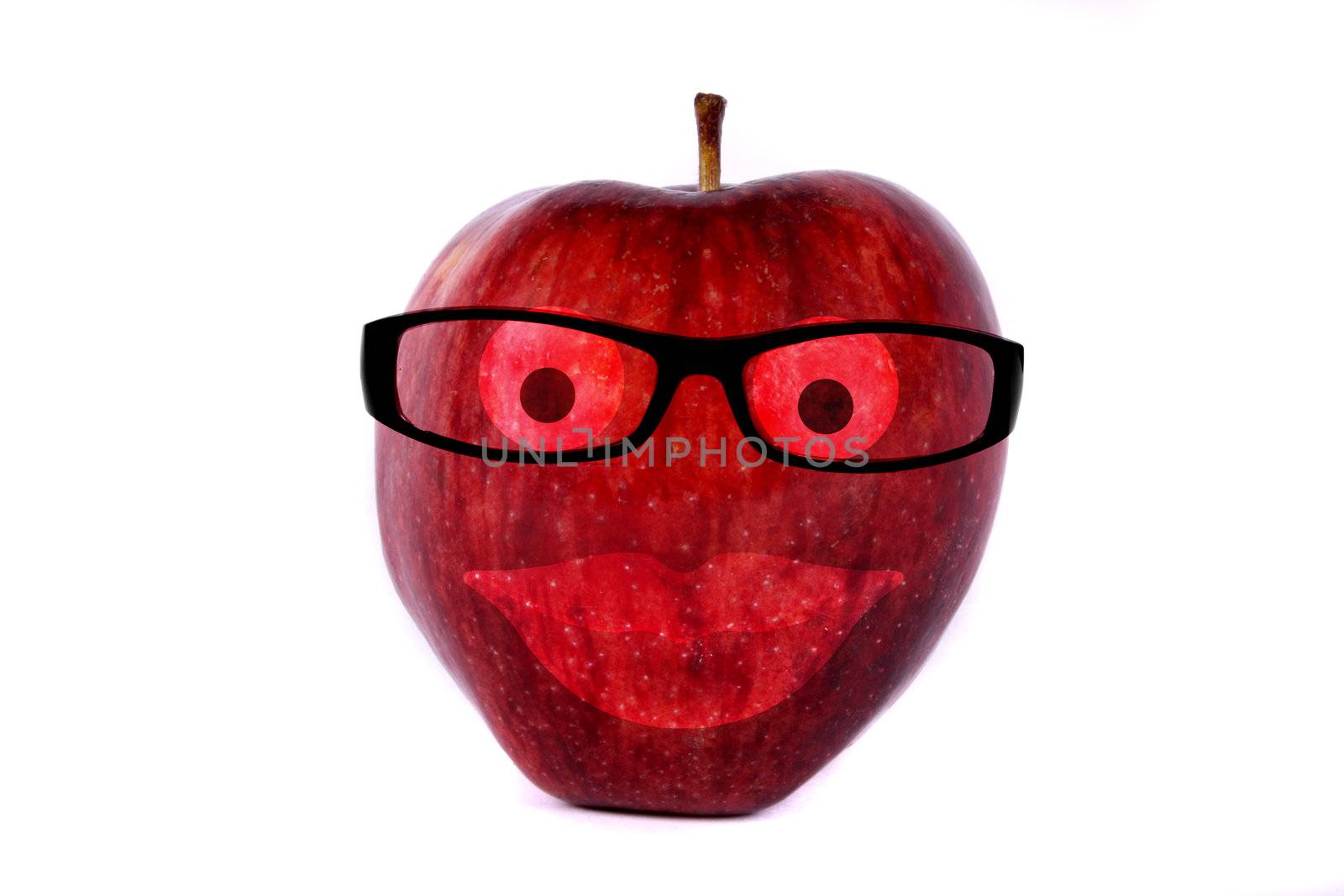 A nerd apple wearing glasses, isolated on white studio background.