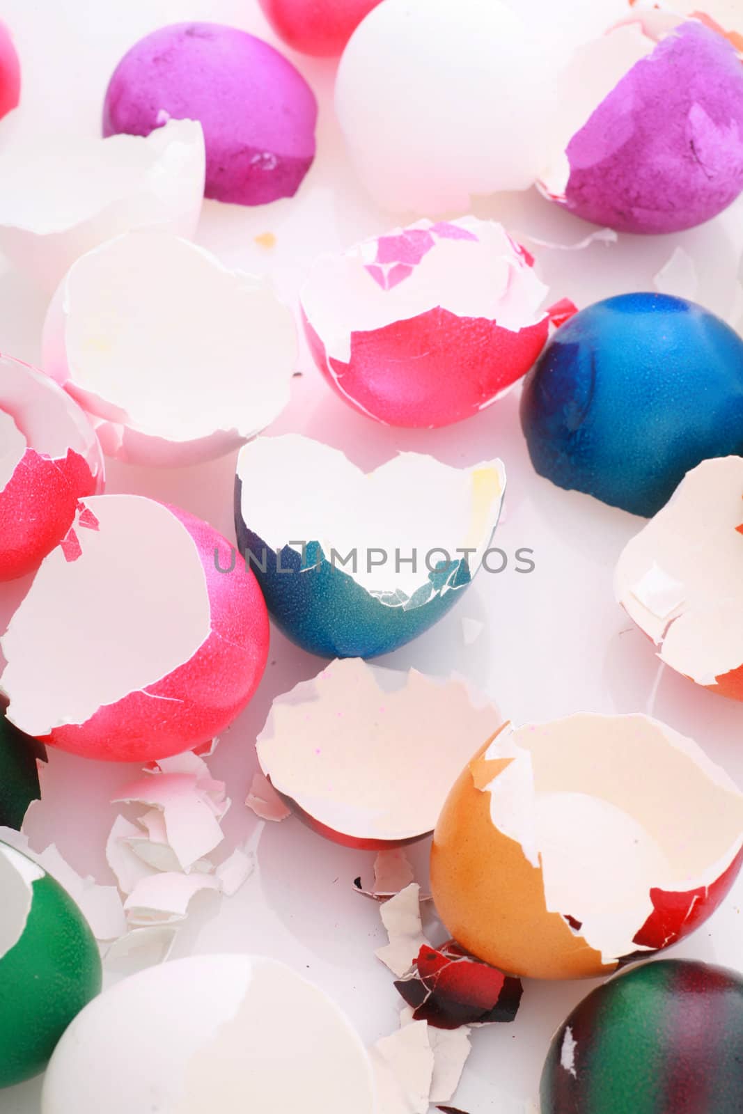 after easter scenario, colorful eggshells on white...........