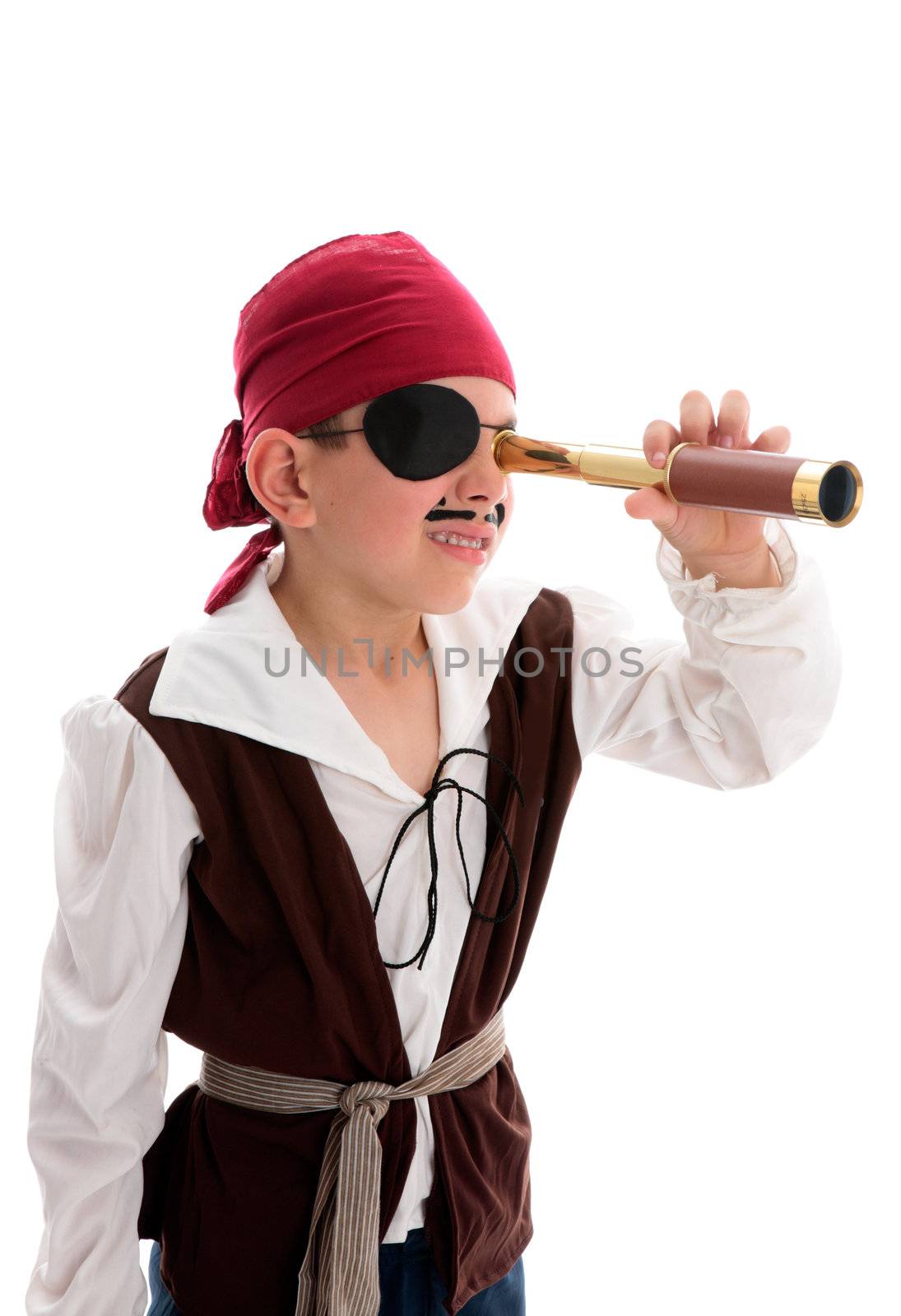 A young boy pirate looking through a monoscope in search of treasure or ships to plunder.  White background.