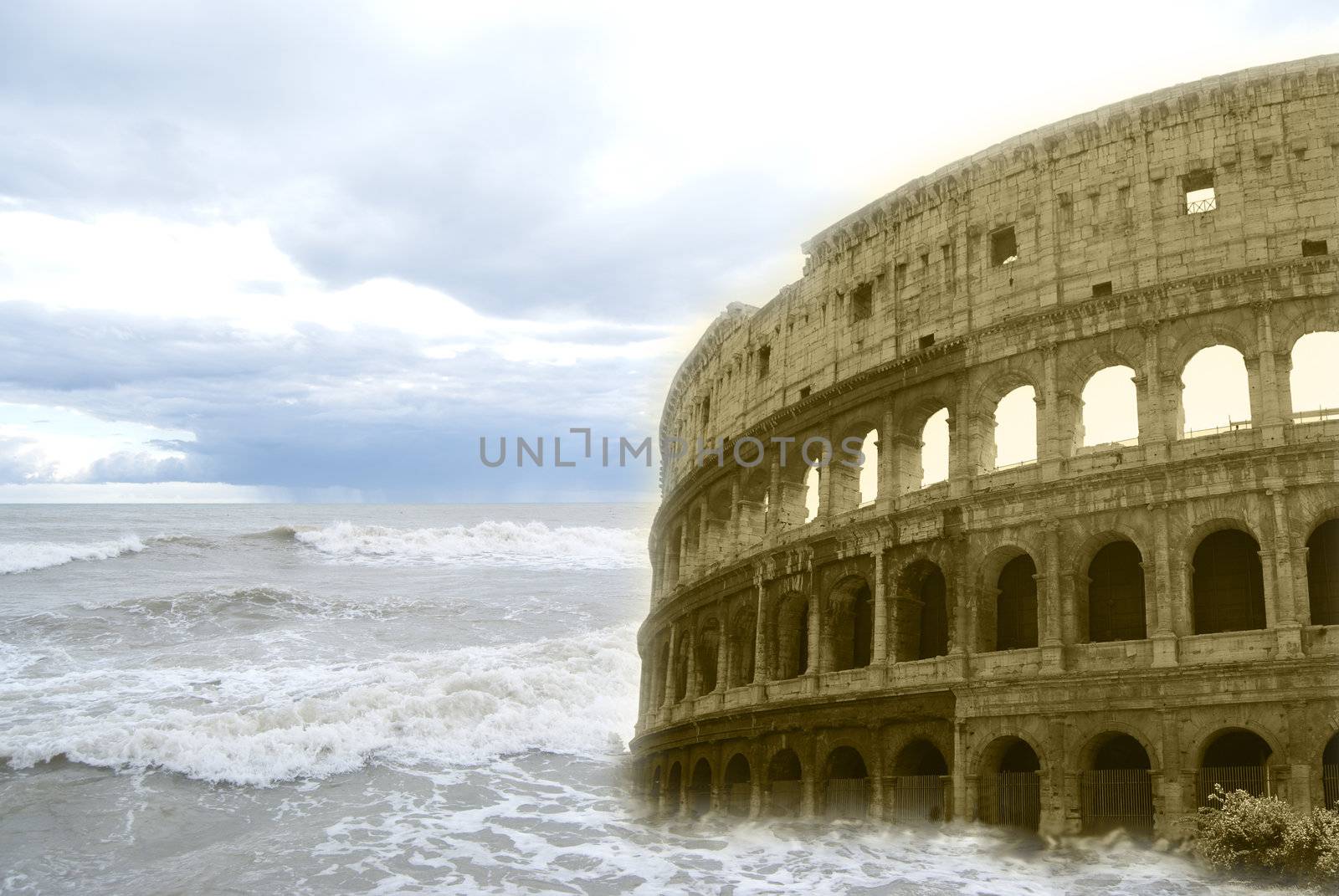 Surrealim. Colosseum at sea. Photomontage 