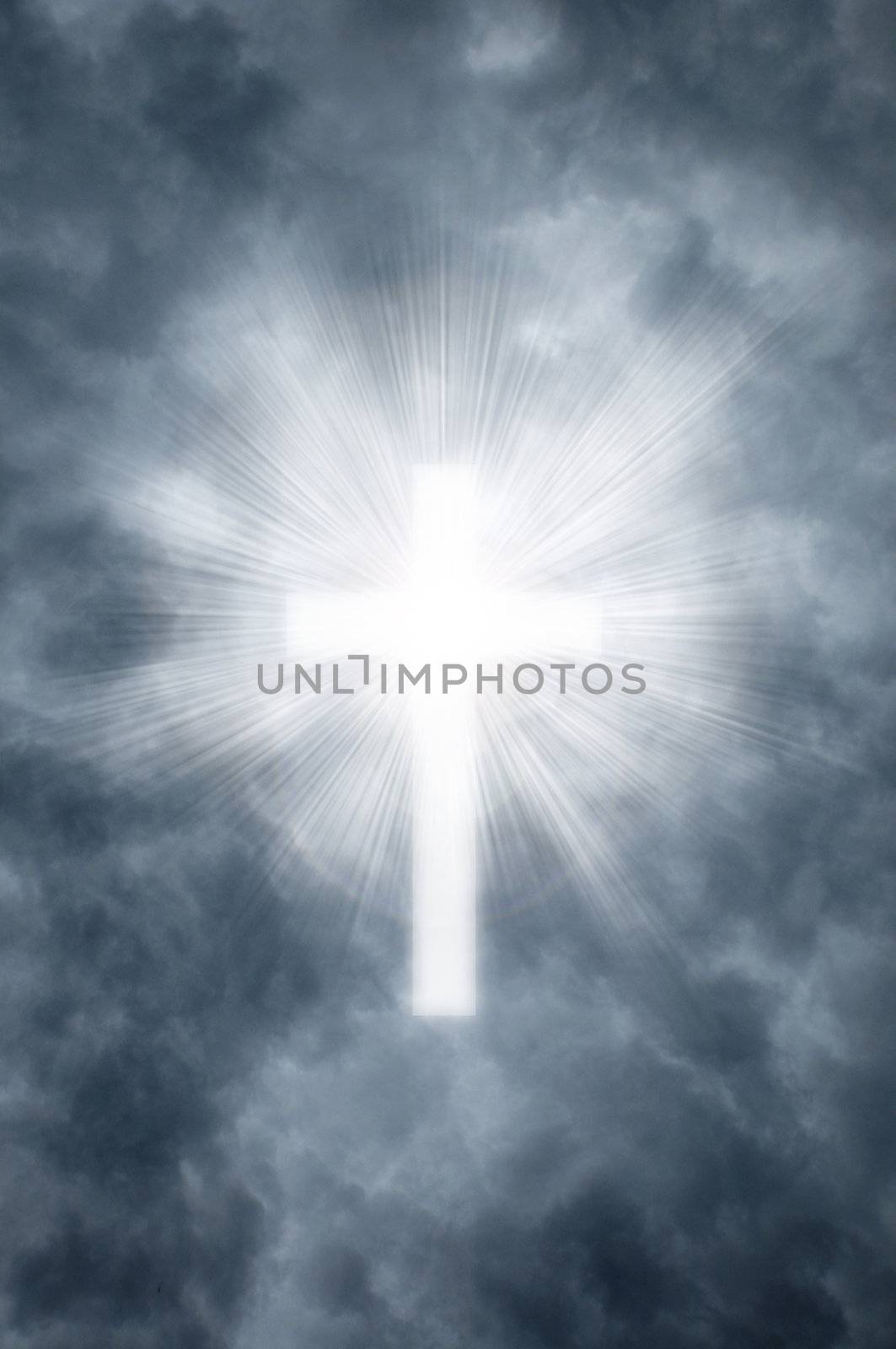 Heavenly rays shining through gray clouds in the shape of a Christian cross