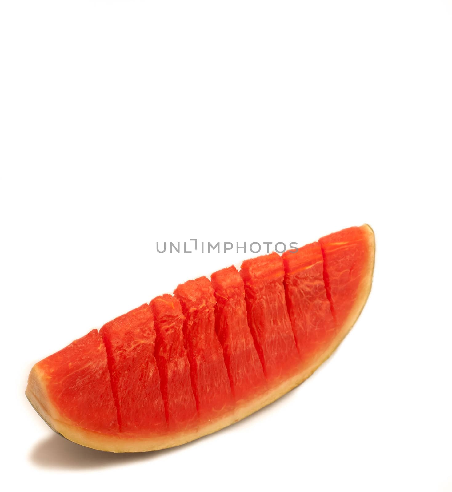 Red watermelon seedless in section on white isolated background.