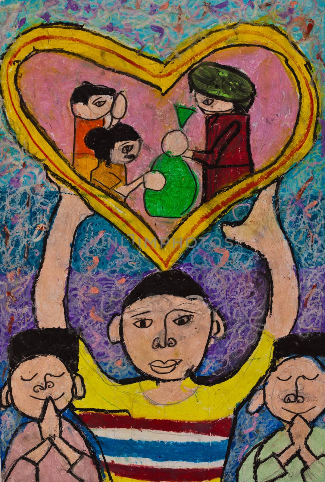 Free hand drawing from oil color crayon technics from seven years old Thai young artist illustrated memories of mother day.