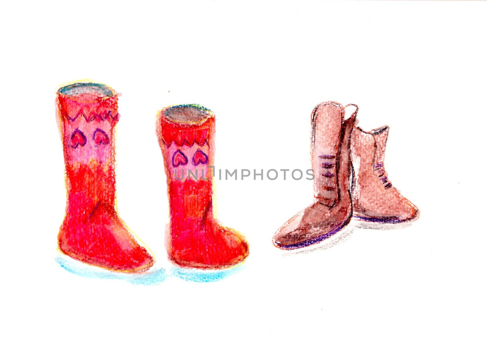 Red and brown inuit boots in water color freehand drawing on white isolated.