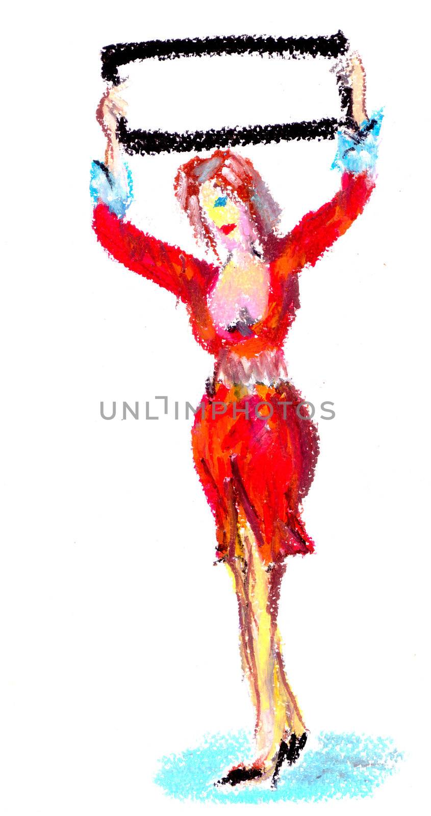 Hand drawing oil pastel technique illustrated young lady in red with blank banner over her head.