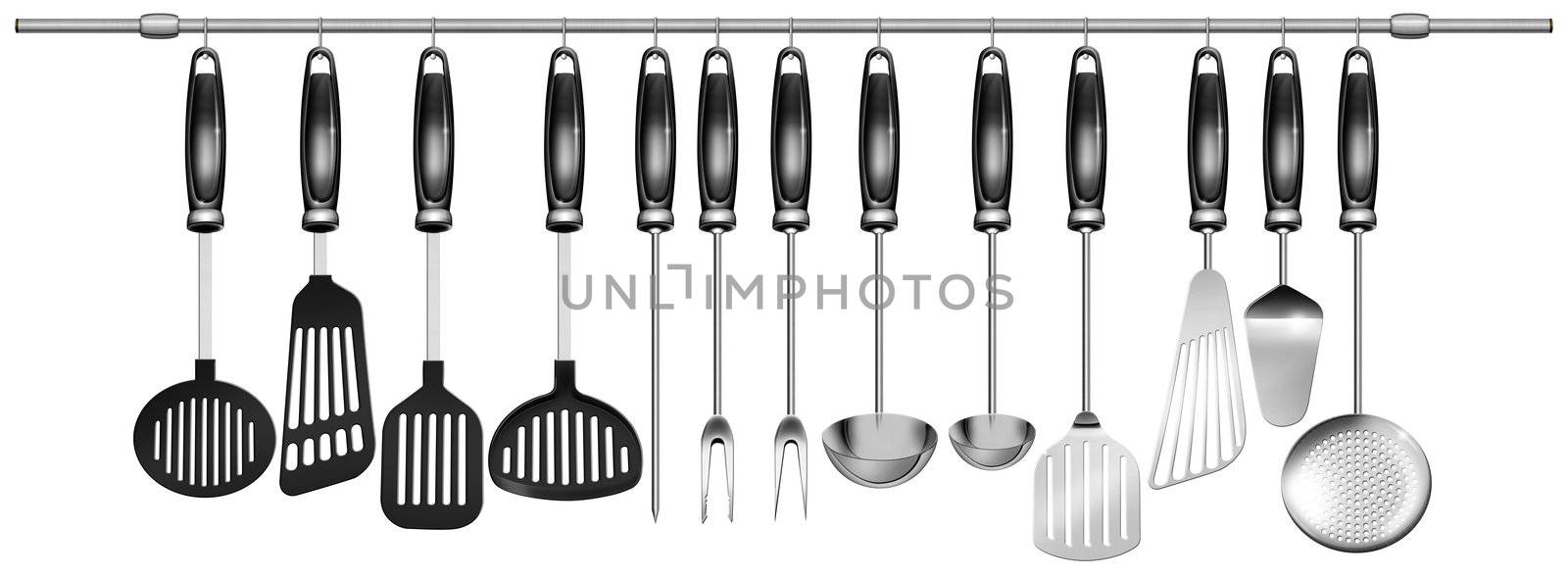 Illustration with 13 kitchen utensils hanging on steel pole on a white background