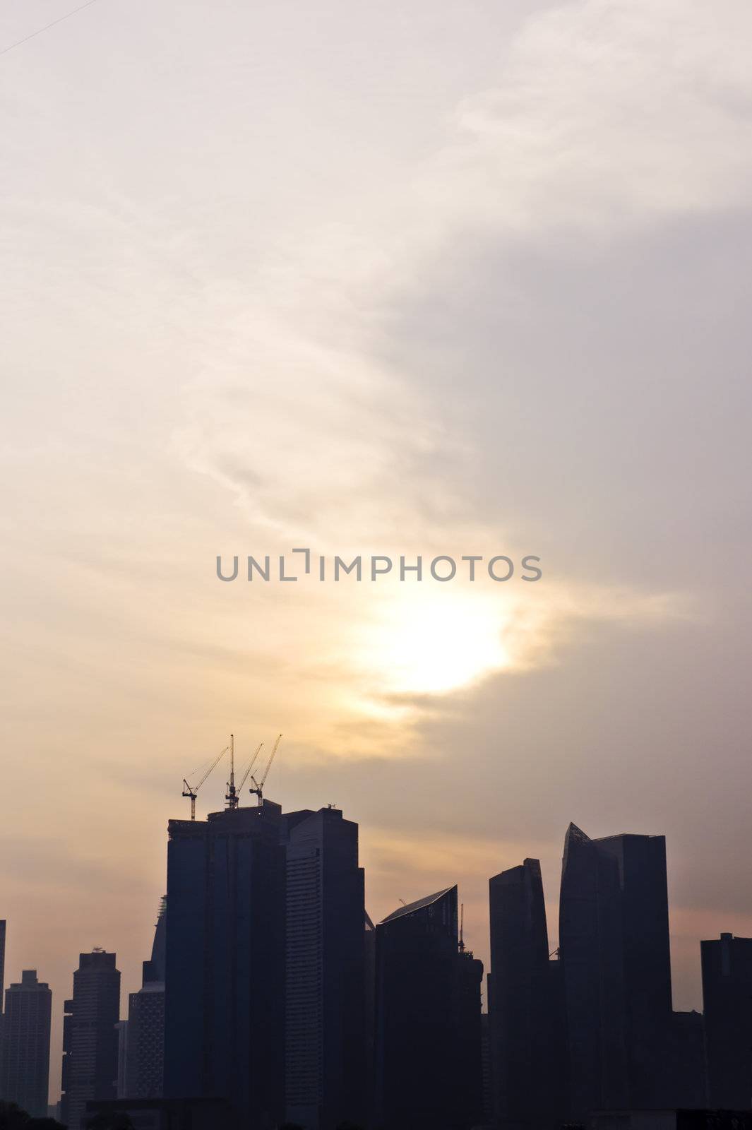 Silhouette of a city view in Sunset under construction