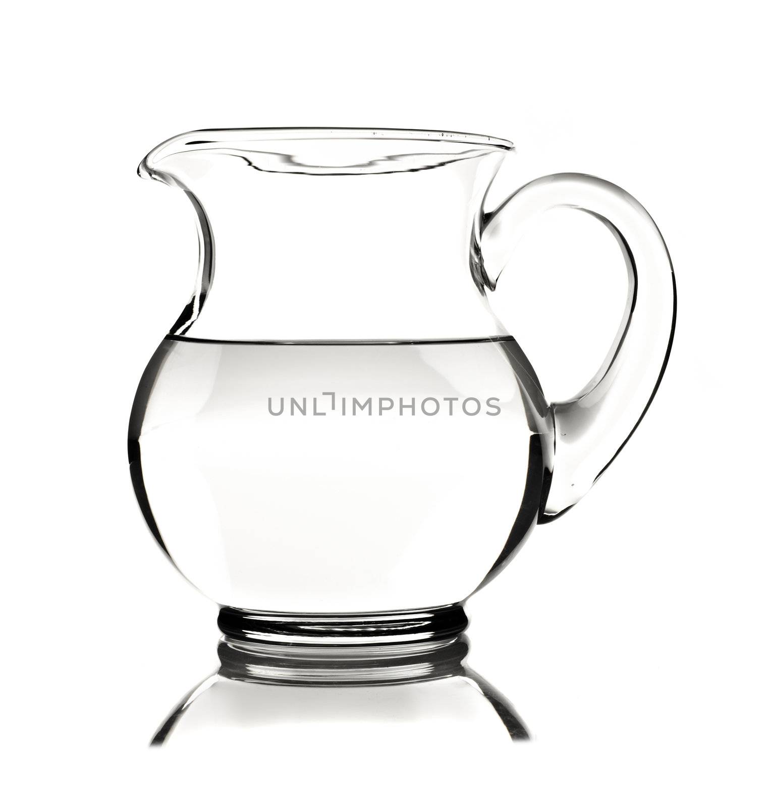 Glass water pitcher with water on white background with space for text