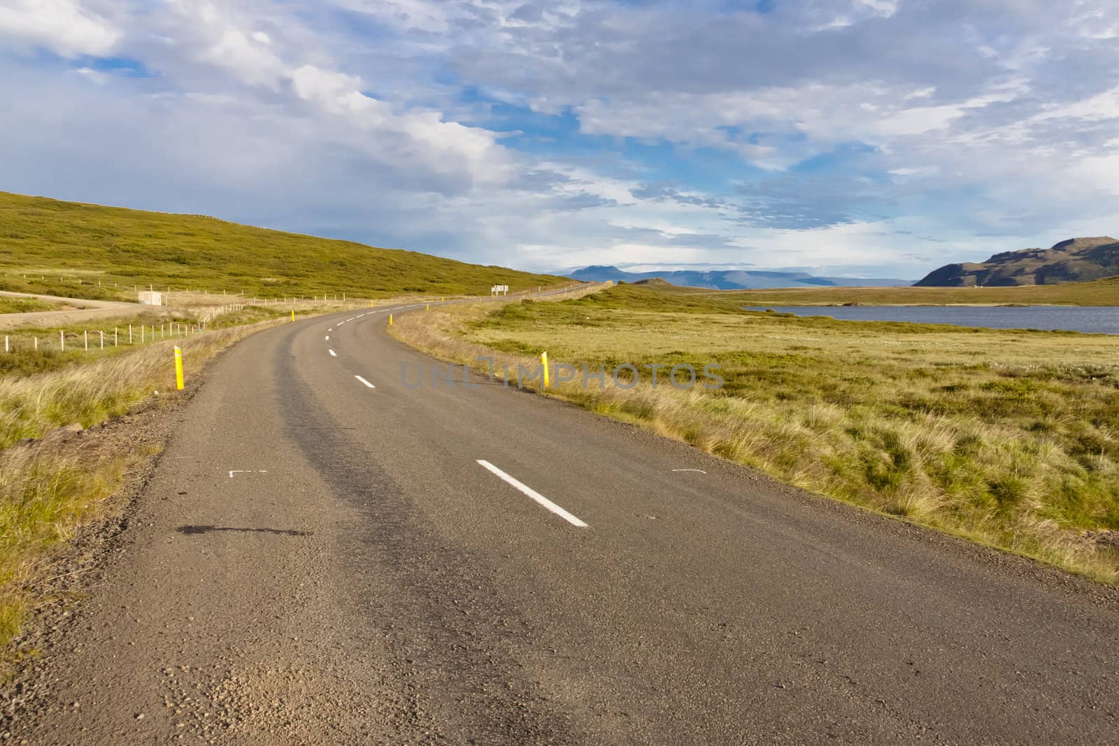 Iceland empty country route in Bjarkalundur village - summer day.