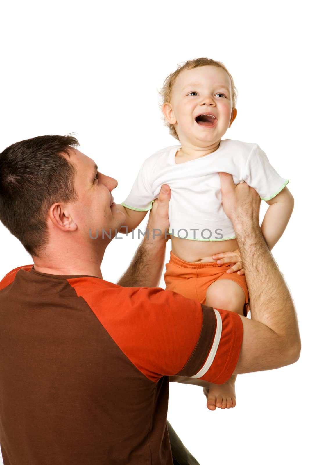 Happy Father holding toddler son isolated on white