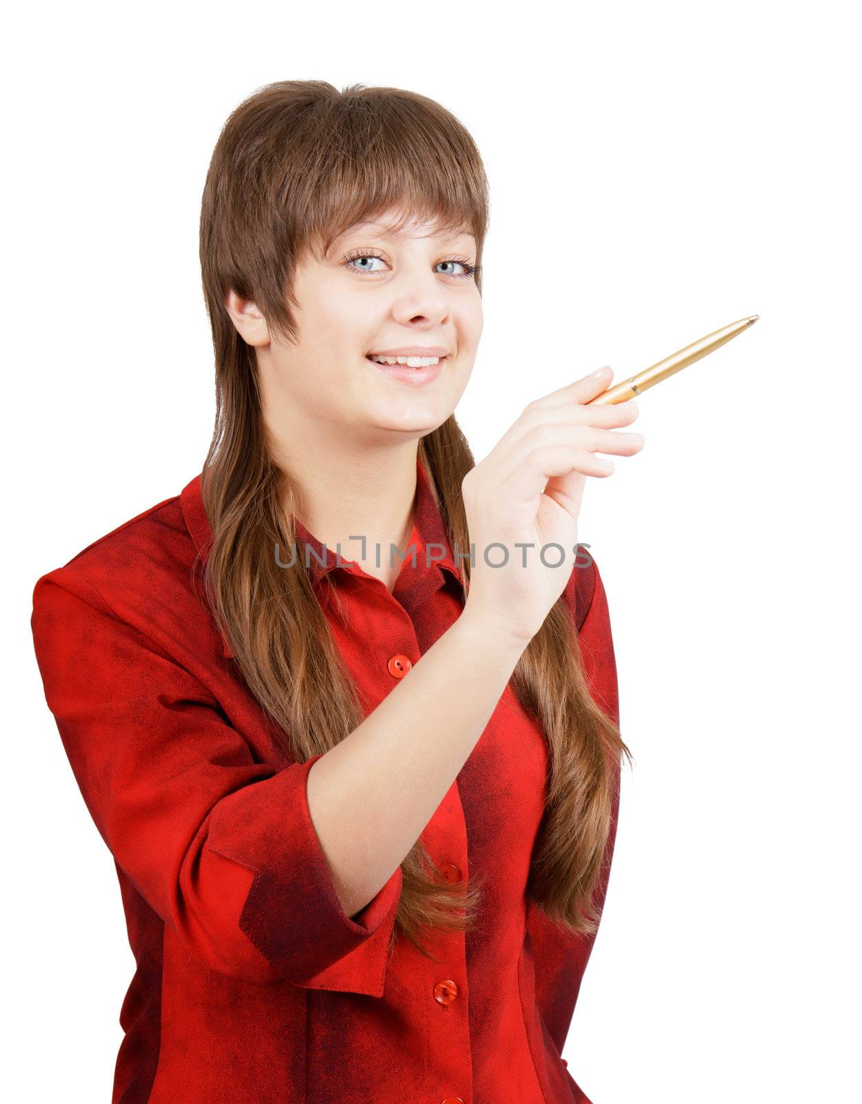 smiling young attractive girl with a pen-pointer on a white background. Studio photography