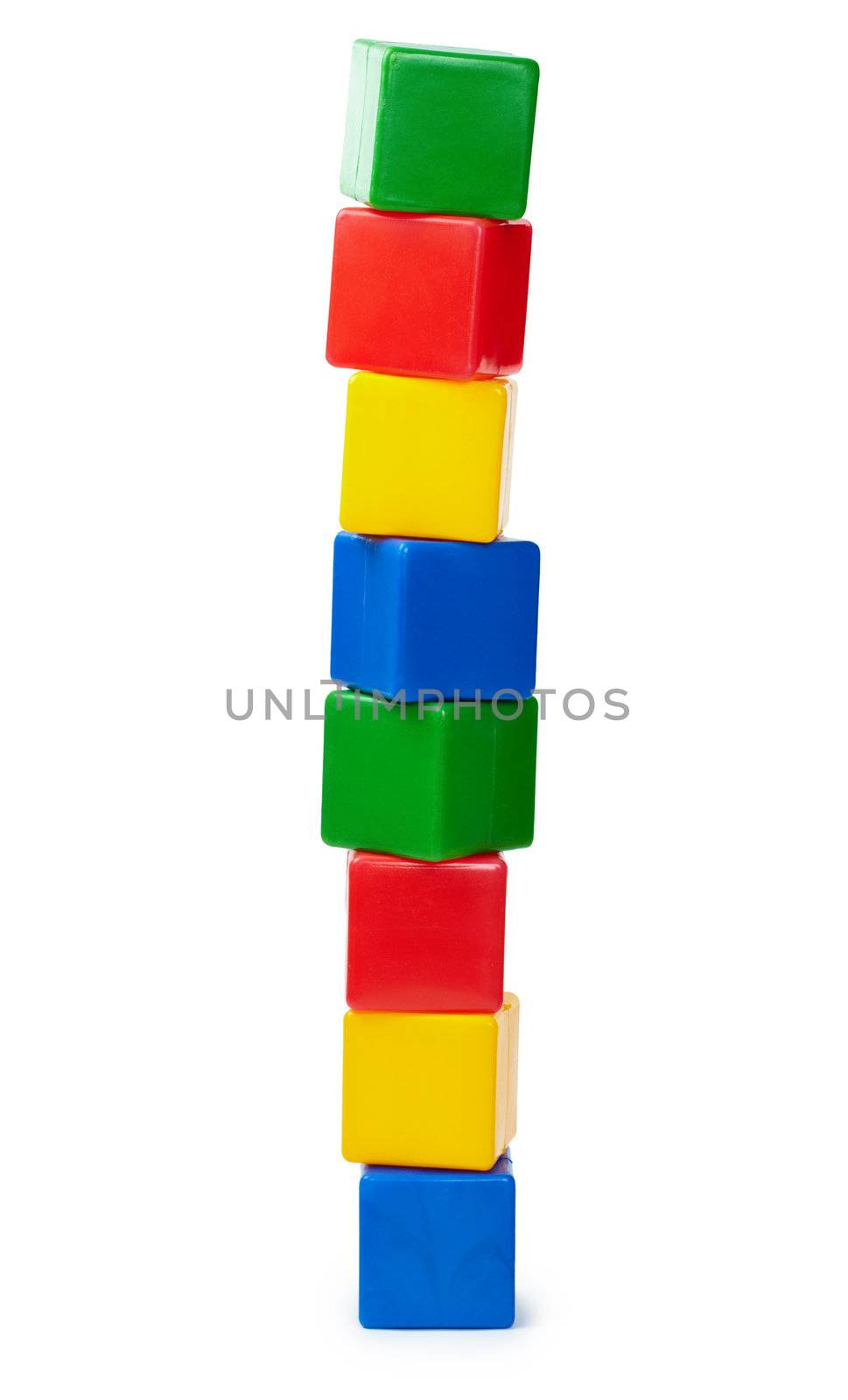 Tower of colored cubes toy isolated on white background