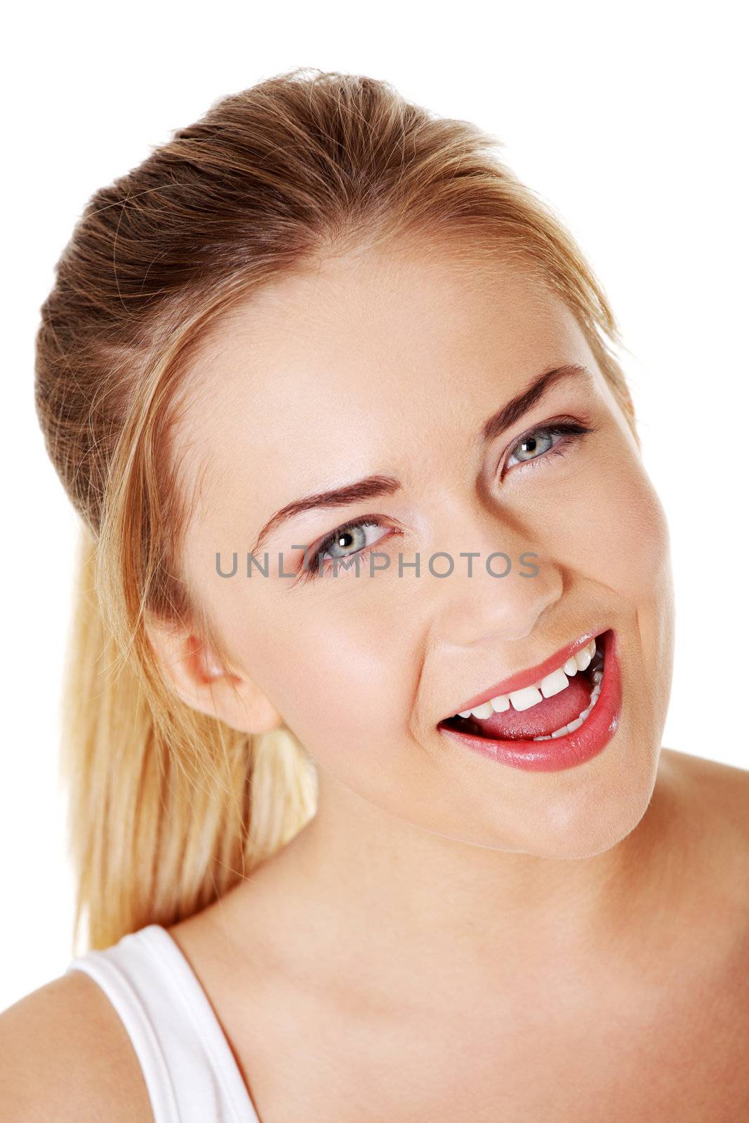 Blonde girl smiling with open mouth. by BDS