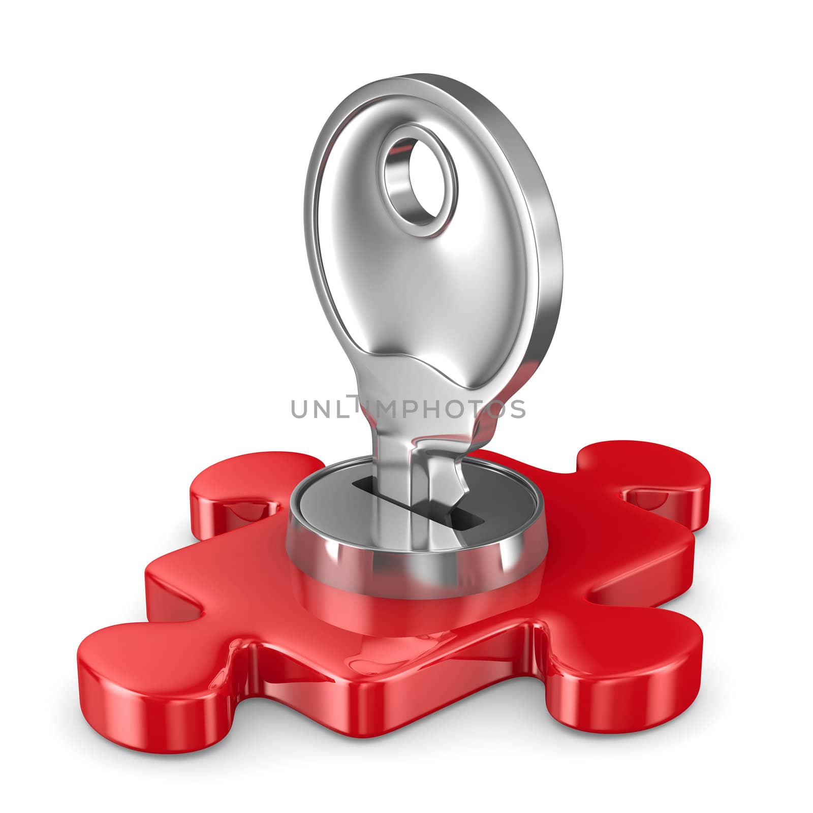 Puzzle with key on white background. Isolated 3D image