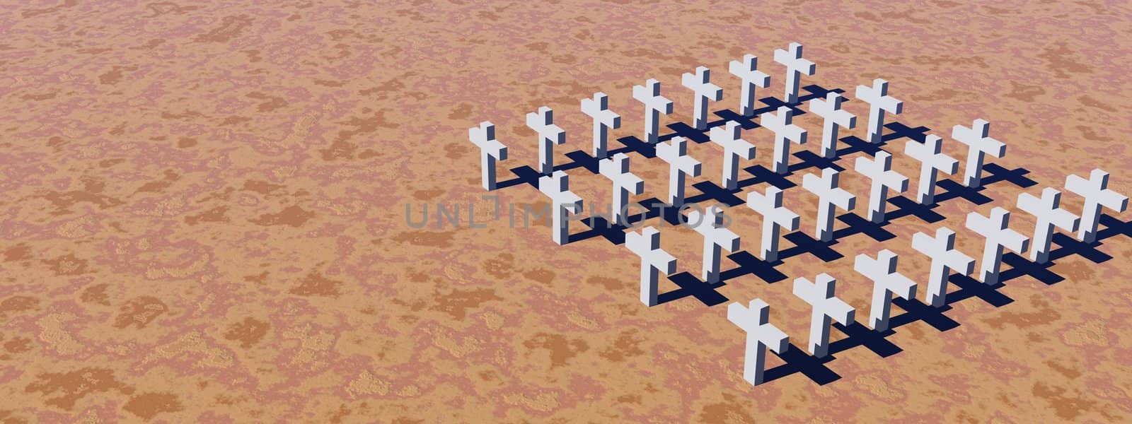Aerial view of many white crosses in a desert