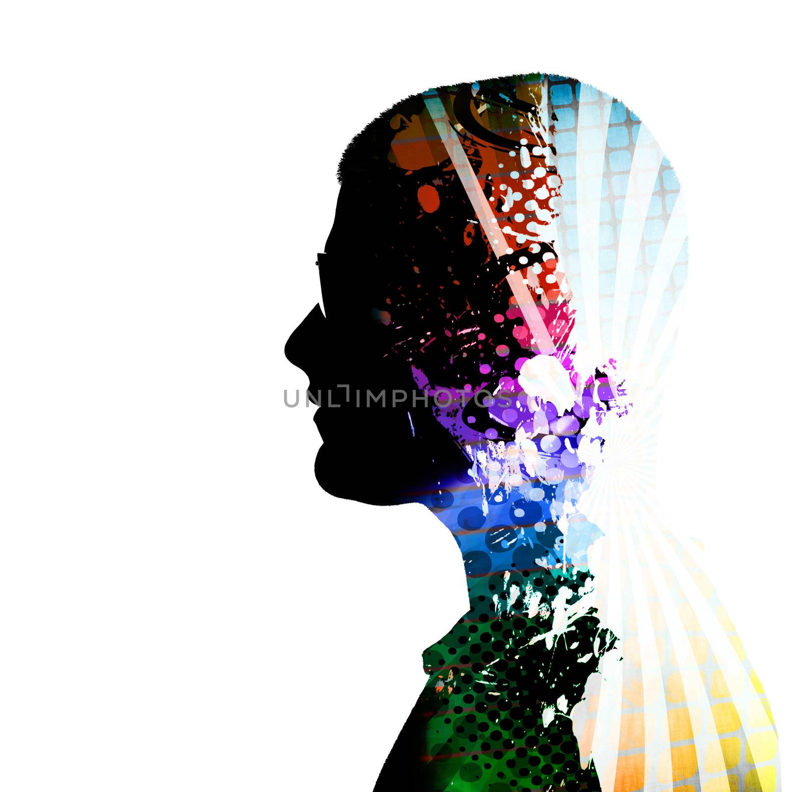 A creative montage of a side profile silhouette of a man wearing glasses and colorful artistic accents inside of his mind and body.