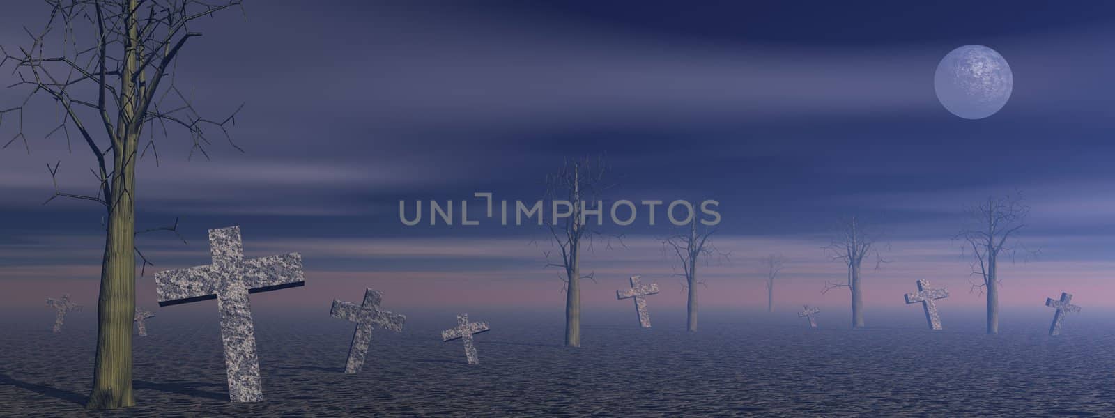 Few old crosses in a cemetery among dead trees by foggy night with full moon