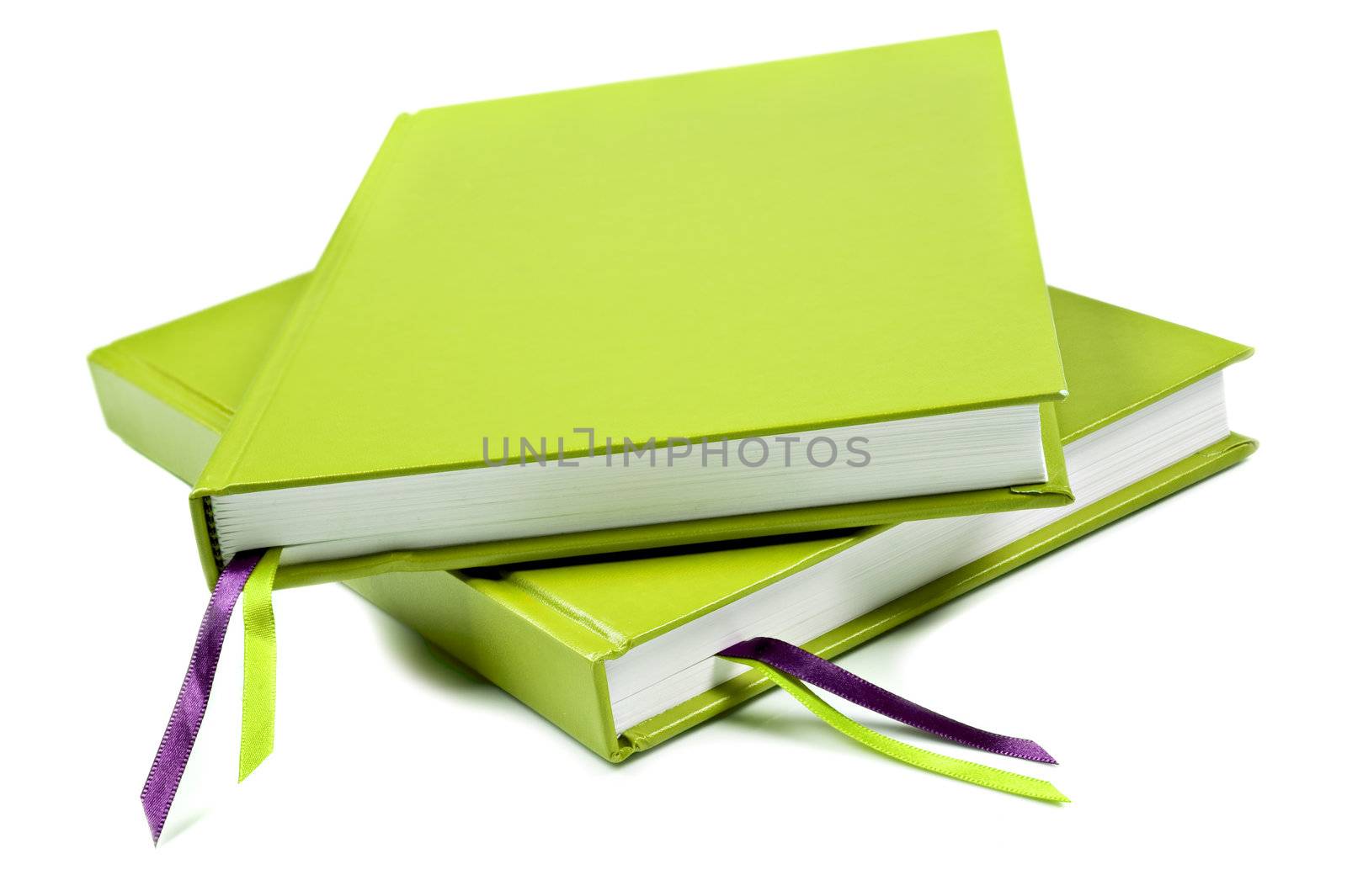 Green notebook on a pure white background with space for text