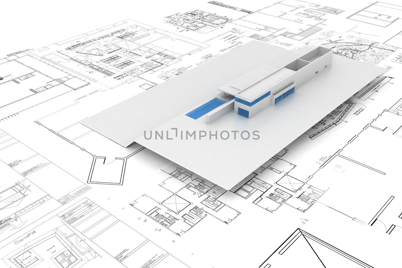 House maquette on top of architecture plans / blueprints