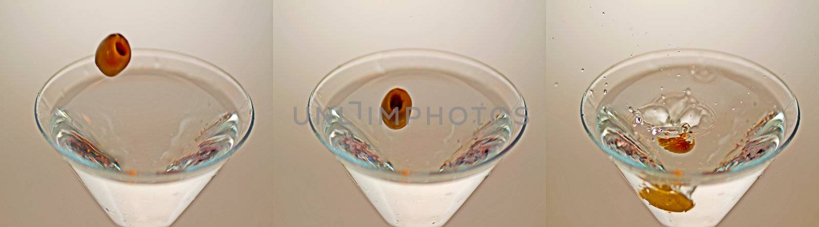 Tryptich of olive falling in the glass of a cocktail