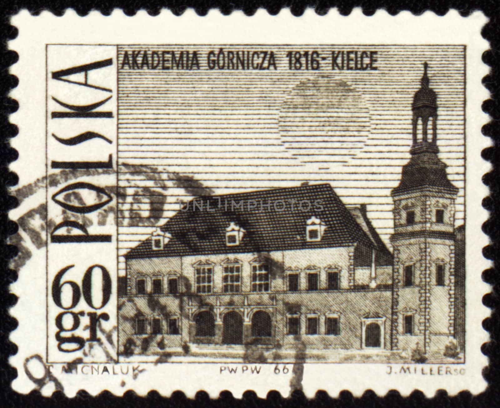 Mining Academy in Kielce on post stamp by wander