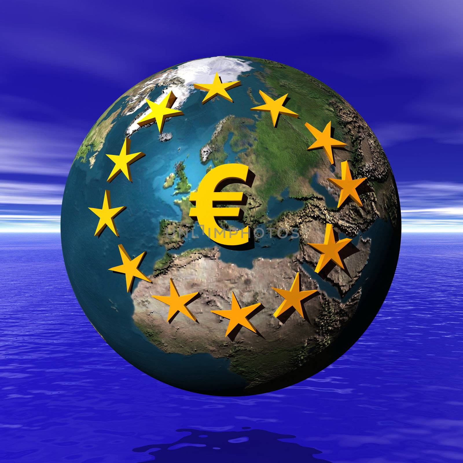 Euro sign and twelves yellow stars on european continent in big earth upon ocean