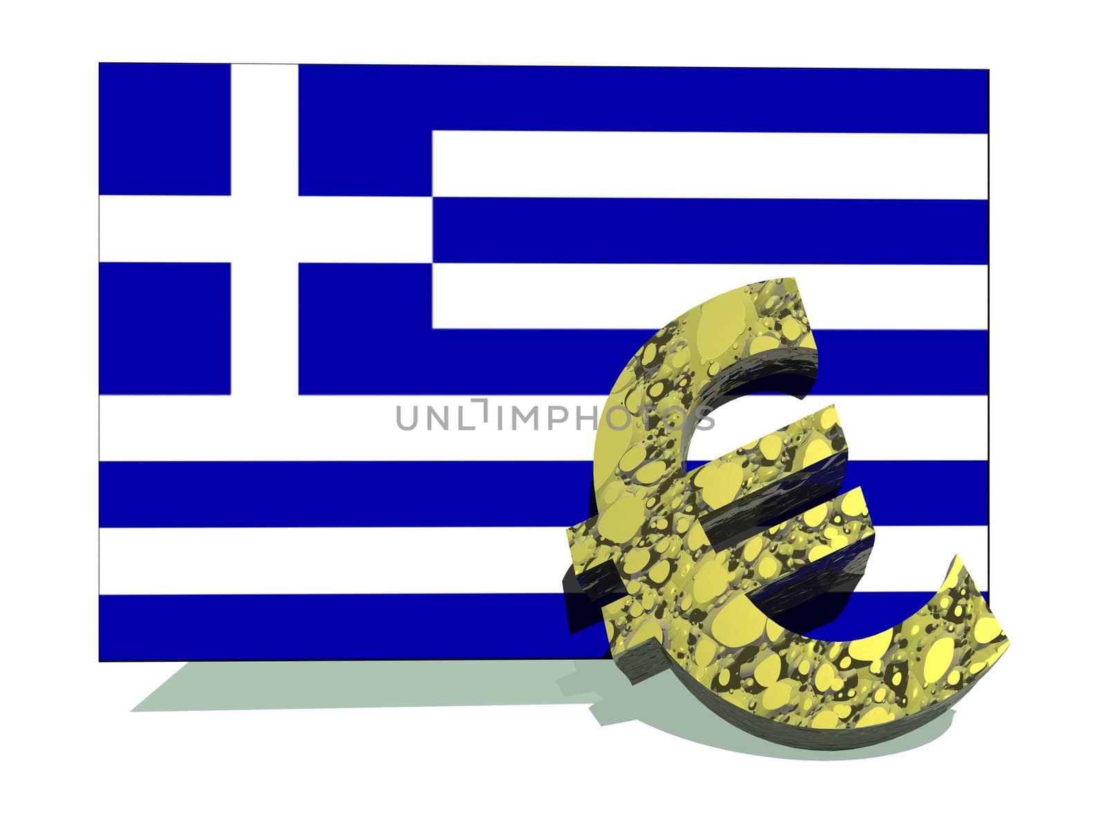 Ill euro symbol falling on big greek flag in white background