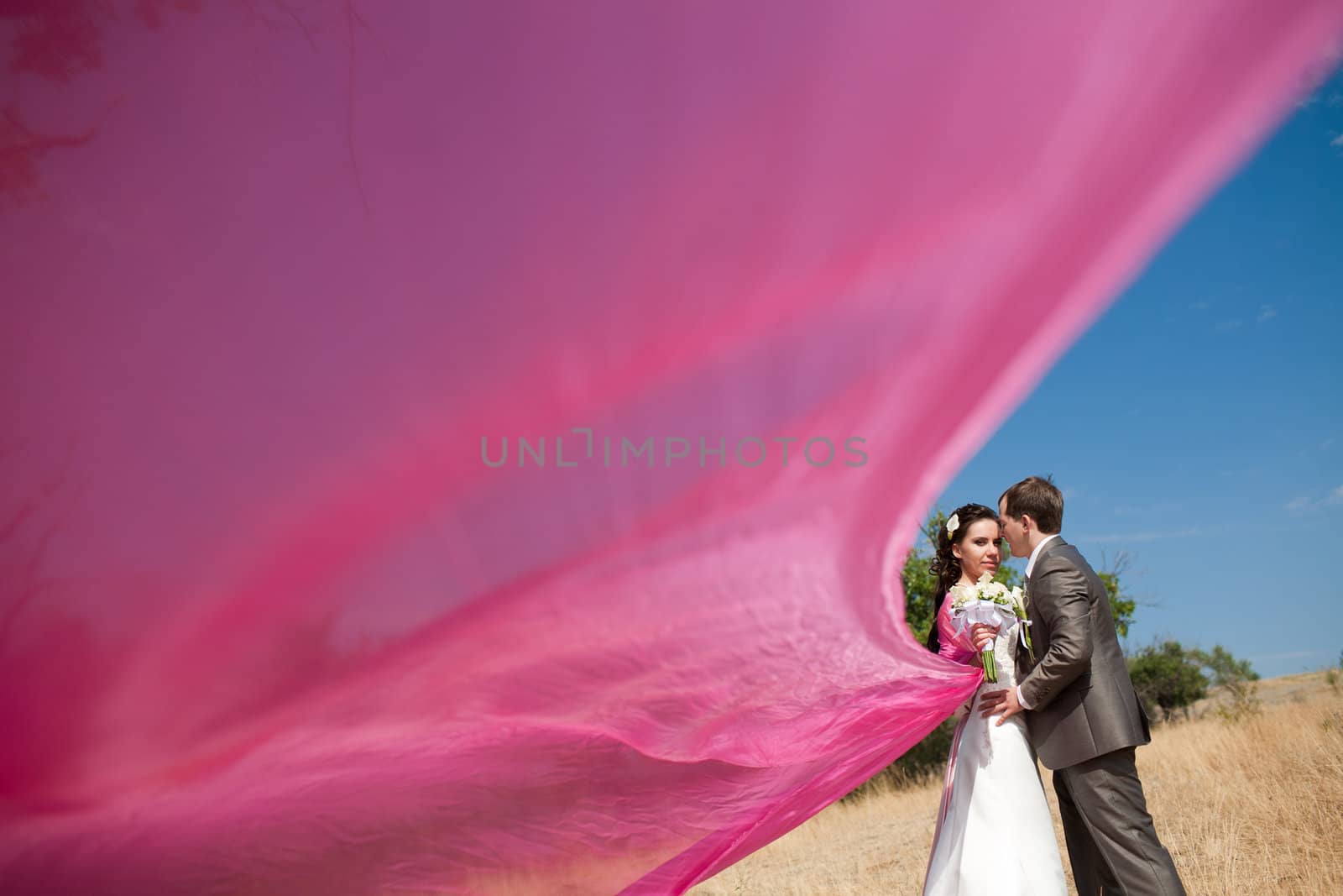 bride and groom with the pink shawl