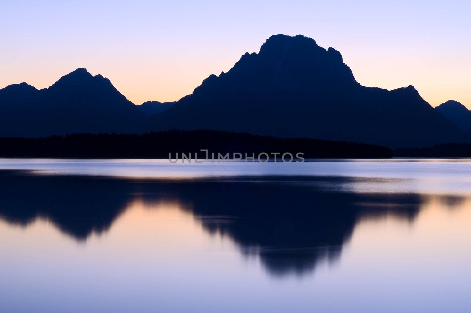 Mount Moran and Jackson Lake after sunset, Grand Teton National Park, Wyoming, USA